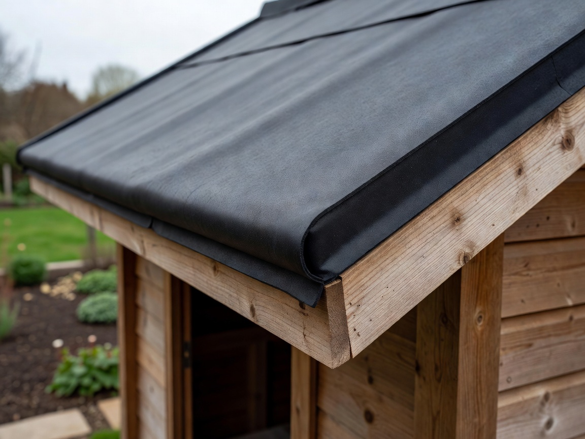 Στέγη από μεμβράνη EPDM διπλωμένη τακτικά πάνω από ξύλινη λωρίδα στάλαξης σε μικρή αποθήκη κήπου